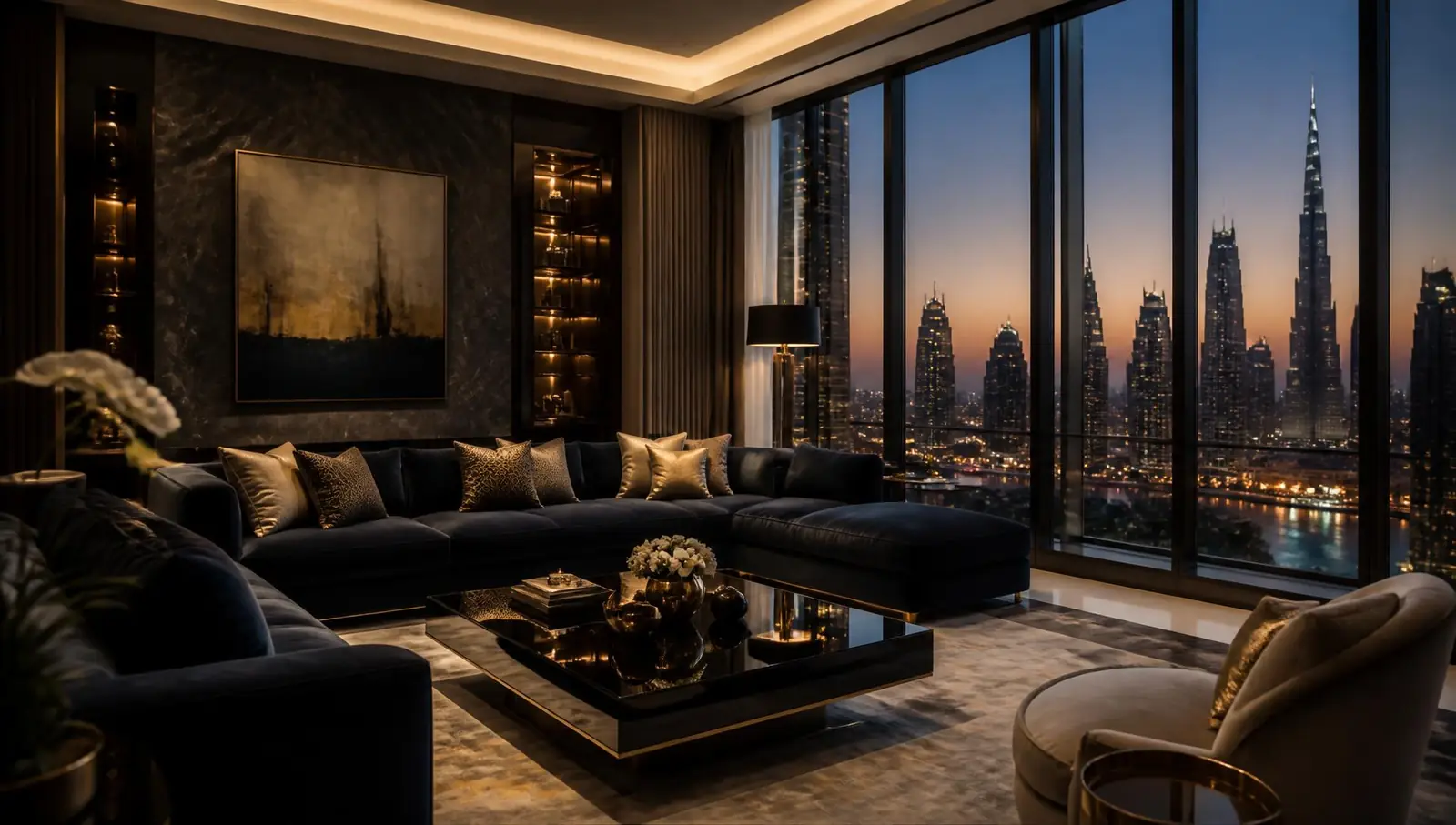 Luxury Dubai apartment interior at dusk overlooking the city skyline
